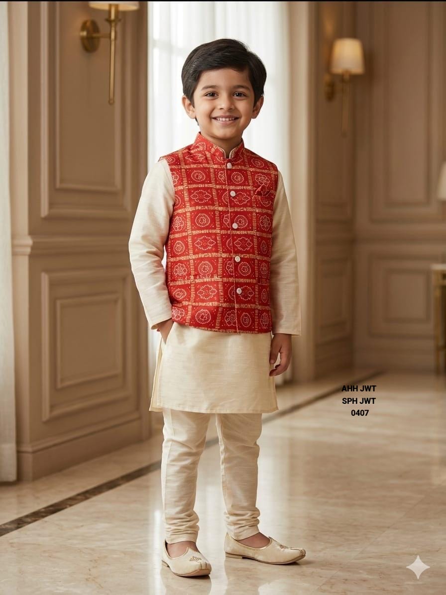 Boys Red Printed Ethnic Nehru Jacket Kurta Set
